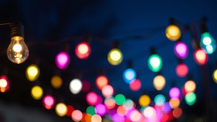 A string of twinkling lights creates a colorful and mesmerizing backdrop against a dark blue sky