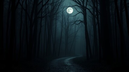 The Enigmatic Path Through a Silhouetted Woodland, Bathed in the Ethereal Glow of the Moon