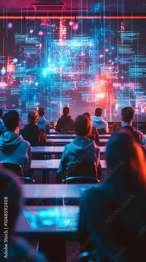 Aufkleber classroom of students mastering quantum computing on holographic screens