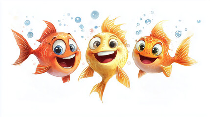 Three cheerful cartoon goldfish with big eyes and wide smiles, surrounded by bubbles in a playful, vibrant underwater scene.