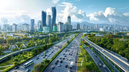 Obraz premium Cityscape with Freeway and Green Spaces