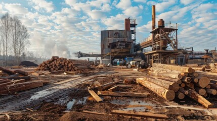 Fototapeta premium Industrial Sawmill with Stacked Logs and Rusty Equipment