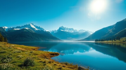 Fototapeta premium Tranquil blue lake nestled amidst snow-capped mountain peaks reflecting the vibrant sky and the sun's warm glow