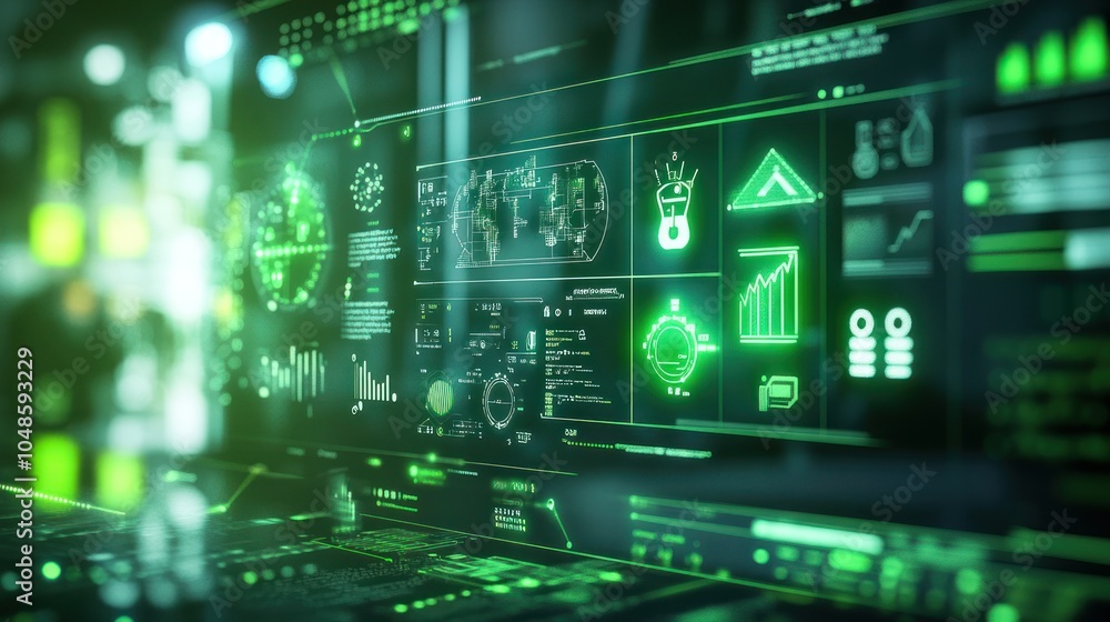 Poster futuristic green digital interface with graphs and icons