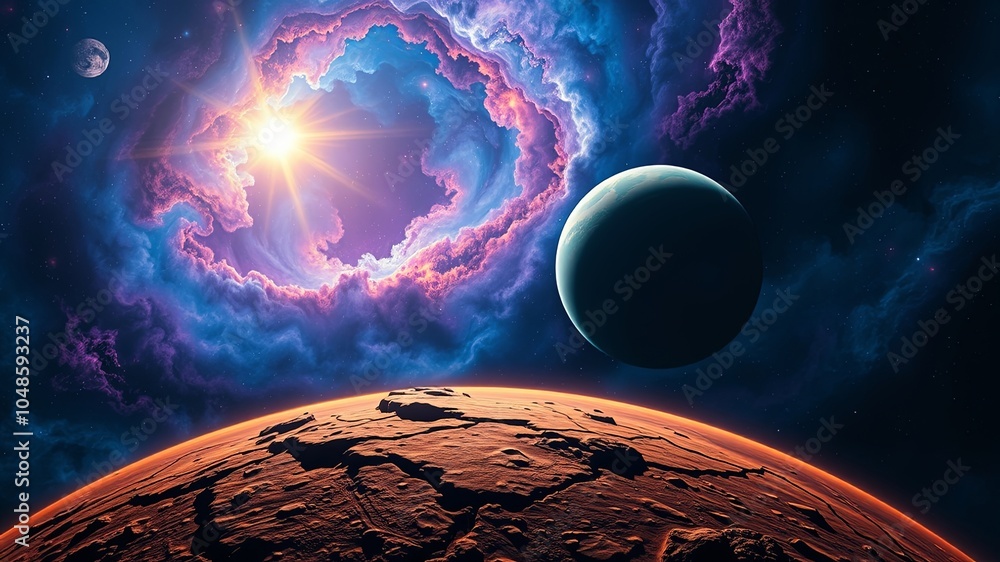 Wall mural a celestial panorama of a fiery red planet with a vibrant nebula above, illuminated by a radiant sun