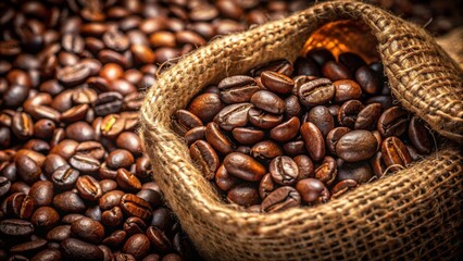 Fototapeta premium A burlap sack overflowing with rich, roasted coffee beans, their aroma filling the air with the promise of a delightful caffeine boost