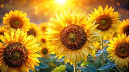 Obraz premium Sun-kissed Sunflowers Bathed in Golden Light, Their Petals Reaching Upwards Towards the Warmth of the Setting Sun