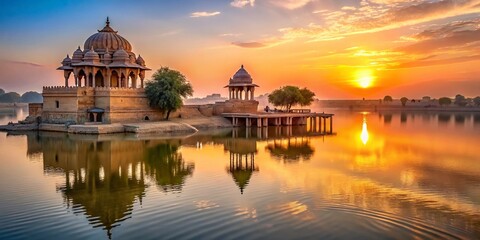 Obraz premium Dawn at Gadi Sagar Lake, Jaisalmer Temple Reflections - Architectural Photography in Rajasthan, India