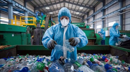 Obraz premium A worker goes through Plastic bottles at a garbage recycling plant. Waste management Concept