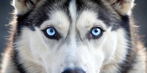 Obraz premium A close-up portrait of a dog with piercing blue eyes, its gaze intensely focused, revealing a depth of emotion and intelligence within the animal's soul.