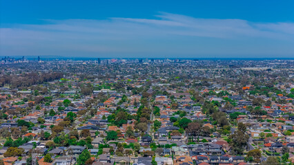 Panoramic aerial drone view of Northern Melbourne Suburbs with Houses roads and parks in Melbourne Victoria Australia