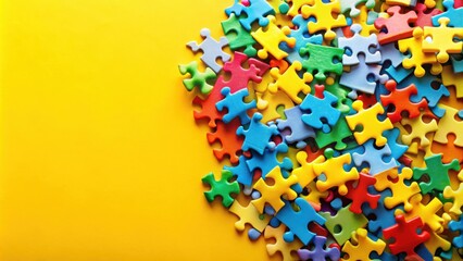 A vibrant collection of colorful puzzle pieces against a bright yellow background, representing the concept of unity, completion, and the challenge of problem-solving.