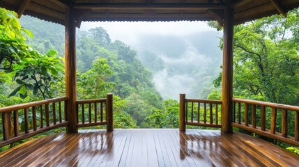 Fototapeta premium Serene Rainforest View from a Wooden Pavilion