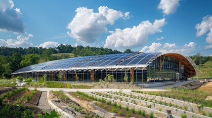 Fototapeta premium Modern building with solar panels and a landscaped garden