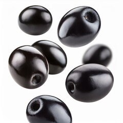 levitating black olives isolated on a white background