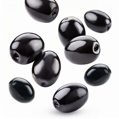 levitating black olives isolated on a white background