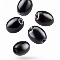 levitating black olives isolated on a white background