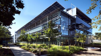 Obraz premium Modern Glass Building with Solar Panels and Landscaping