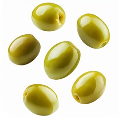 levitating green olives isolated on a white background