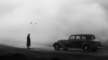 Black and White Photograph of Vintage Car on Foggy Road with Lone Figure in Long Coat, Mysterious Eerie Atmosphere