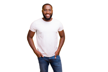 Photo of successful nice enjoying black man who confidently walks on his way to conquering tops of business while isolated with vivid background