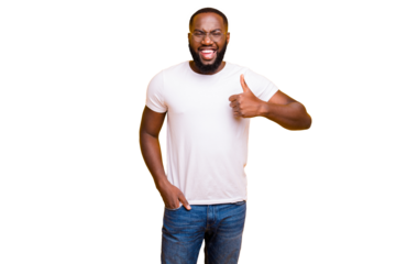 Photo of casual overjoyed black man consistent of happiness  wearing jeans holding hand in pocket denim thumbing you up while isolated with vivid background