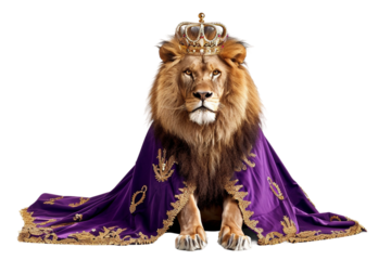 Lion draped in an elegant purple cape featuring gold embroidery isolated on transparent background