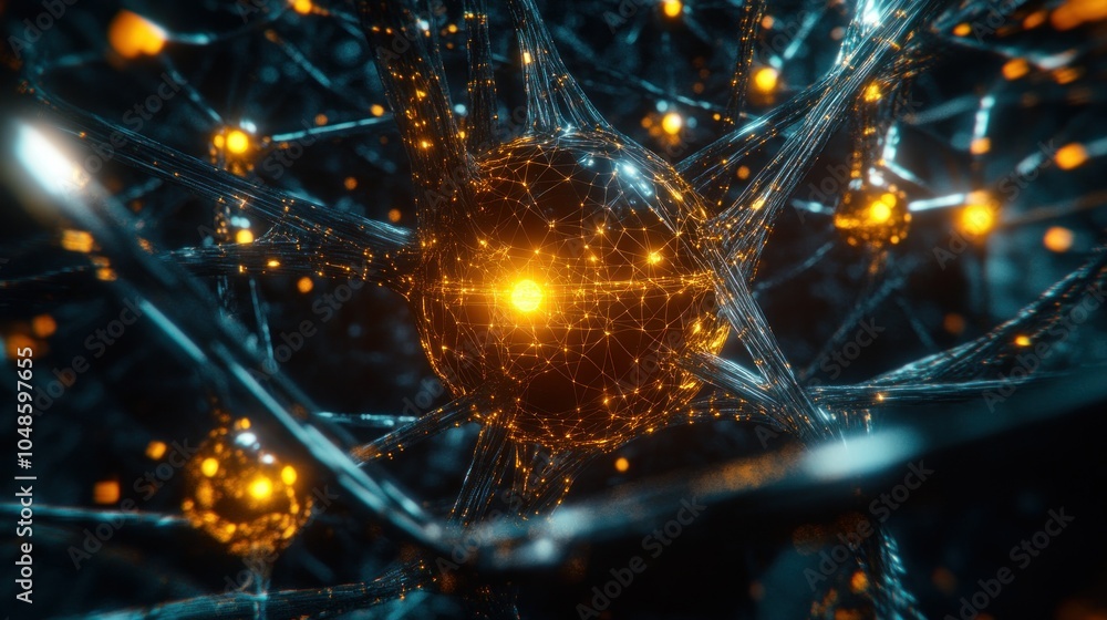 Poster a 3d rendered neuron with glowing connections