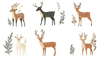 Naklejka premium A playful illustration of deer silhouettes featuring various species like reindeer and elk, perfect for a nature-themed design or holiday art