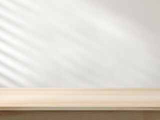 Minimalist Wooden table with Soft Light Shadows on White Wall Background, Concept for product presentation display. 3D illustration