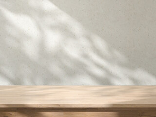 Natural Wood Table with Soft Sunlight Shadows on Rustic Concrete Wall Background, Concept for product presentation display. 3D illustration