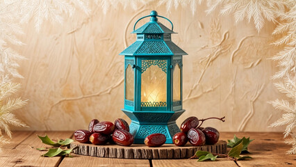 Luminous Teal Lantern with Dates Fruit and Copy Space for Festive Decoration and Celebration Themes