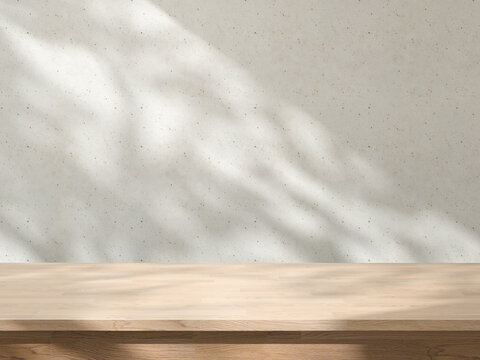 Natural Wood Table with Soft Sunlight Shadows on Rustic Concrete Wall Background, Concept for product presentation display. 3D illustration