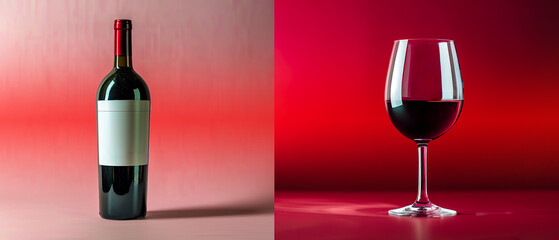 Wine bottle with blank label, wine glass, red gradient background, promotion, marketing