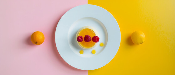 Delightful dessert plate, raspberry and slice of juicy orange, pink and yellow background