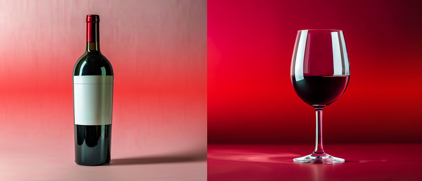 Wine bottle with blank label, wine glass, red gradient background, promotion, marketing