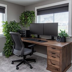 Modern home office setup with dual monitors and plants for a productive workspace.