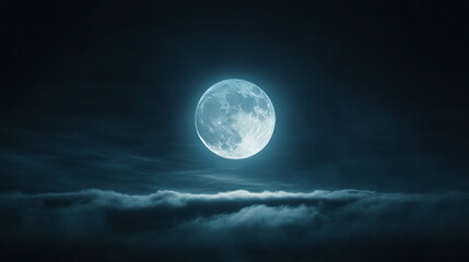 Full Moon Above Cloudy Night Sky with Dark Blue Atmosphere and Ethereal Glow