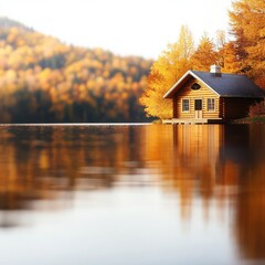 Fototapeta premium Charming log cabin by serene lake surrounded by autumn foliage.