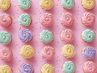 Fototapeta premium Colorful Cupcake Floral Pattern with Swirly Frosting and Sprinkles on Pink Background
