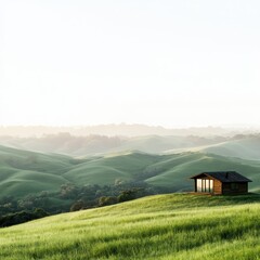 Obraz premium A serene landscape showcasing rolling green hills and a solitary cabin.