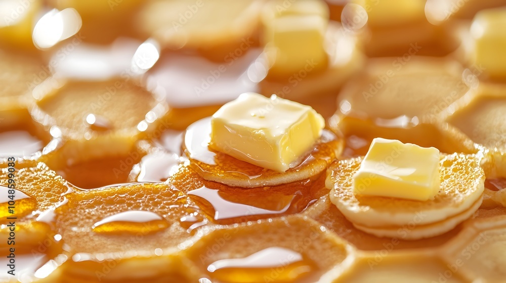 Poster Miniature Pancake Stack in Warm Honeycomb Pattern with Syrup and Butter Arrangement