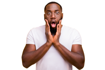 Photo of terrified shocked black man having been negatively surprised while isolated with vivid background