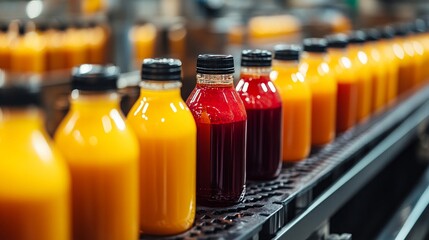 Bottles of fruit juice in a production line at a beverage factory during the daylight hours