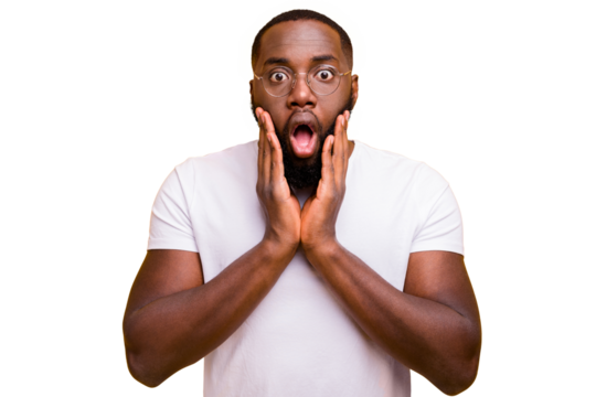 Photo of terrified shocked black man having been negatively surprised while isolated with vivid background