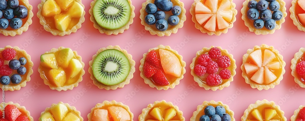 Poster assortment of miniature fruit tarts displayed in a colorful grid pattern