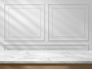 Marble Tabletop with Elegant White Paneled Wall and Soft Sunlight Shadows, Concept for product presentation display. 3D illustration