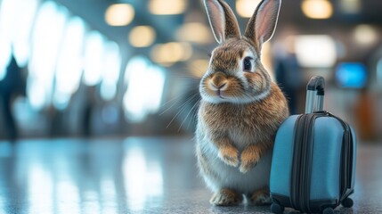 A cute rabbit with a suitcase at the airport waiting for its next adventure
