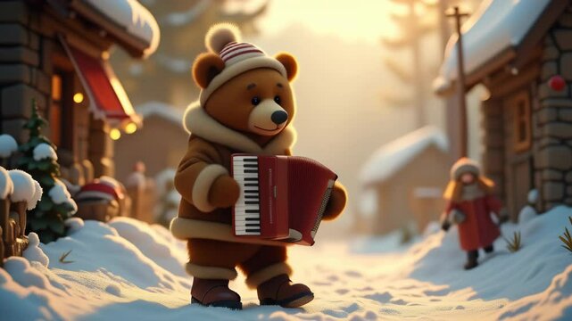 Bear playing the harmonica against the background of a winter street
