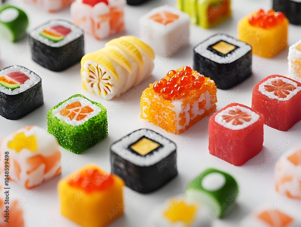 Poster vibrant 3d miniature sushi rolls arranged in neat grid pattern